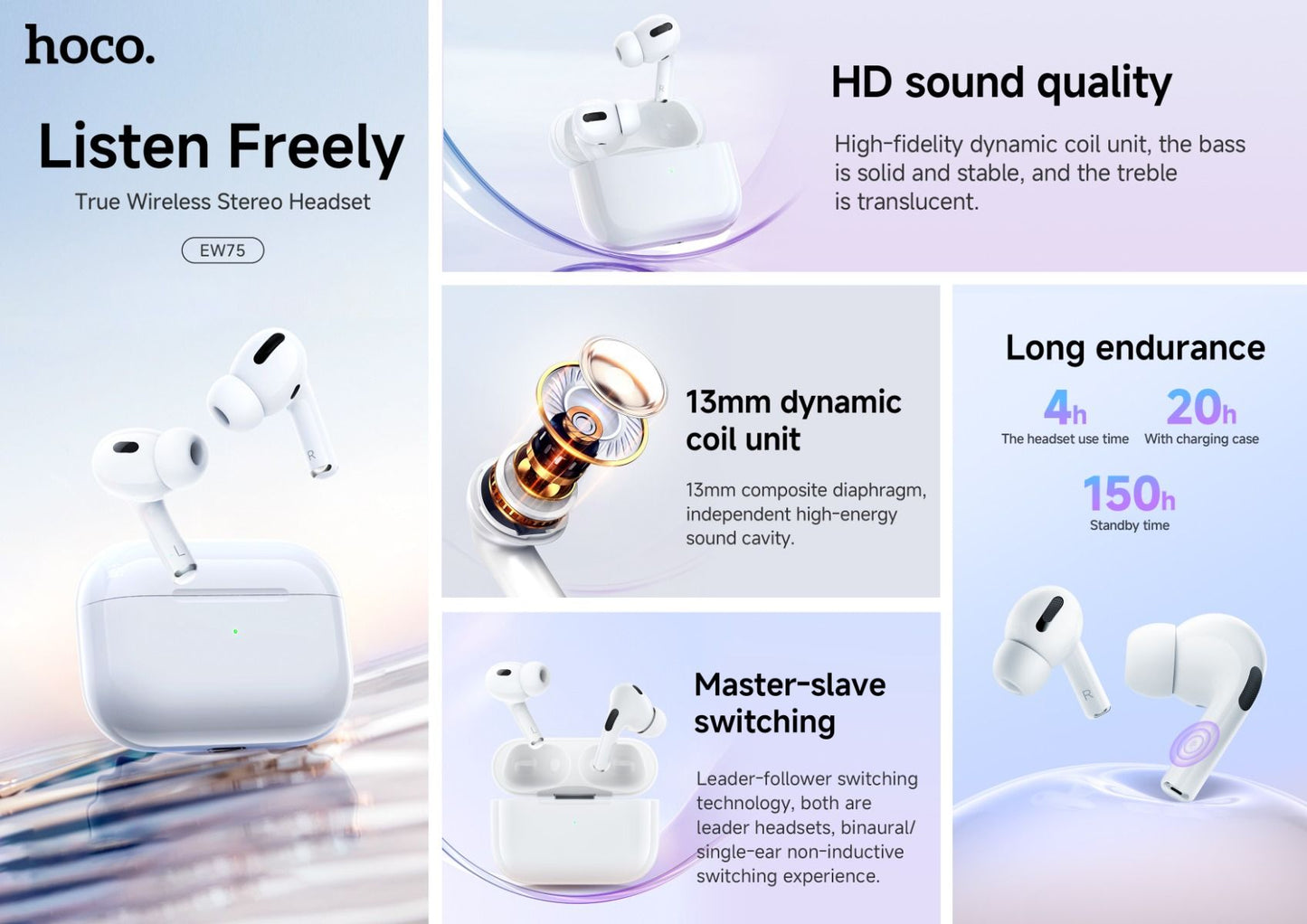 hoco. EW75 Physical Noise Cancelling True Wireless Earphones - White