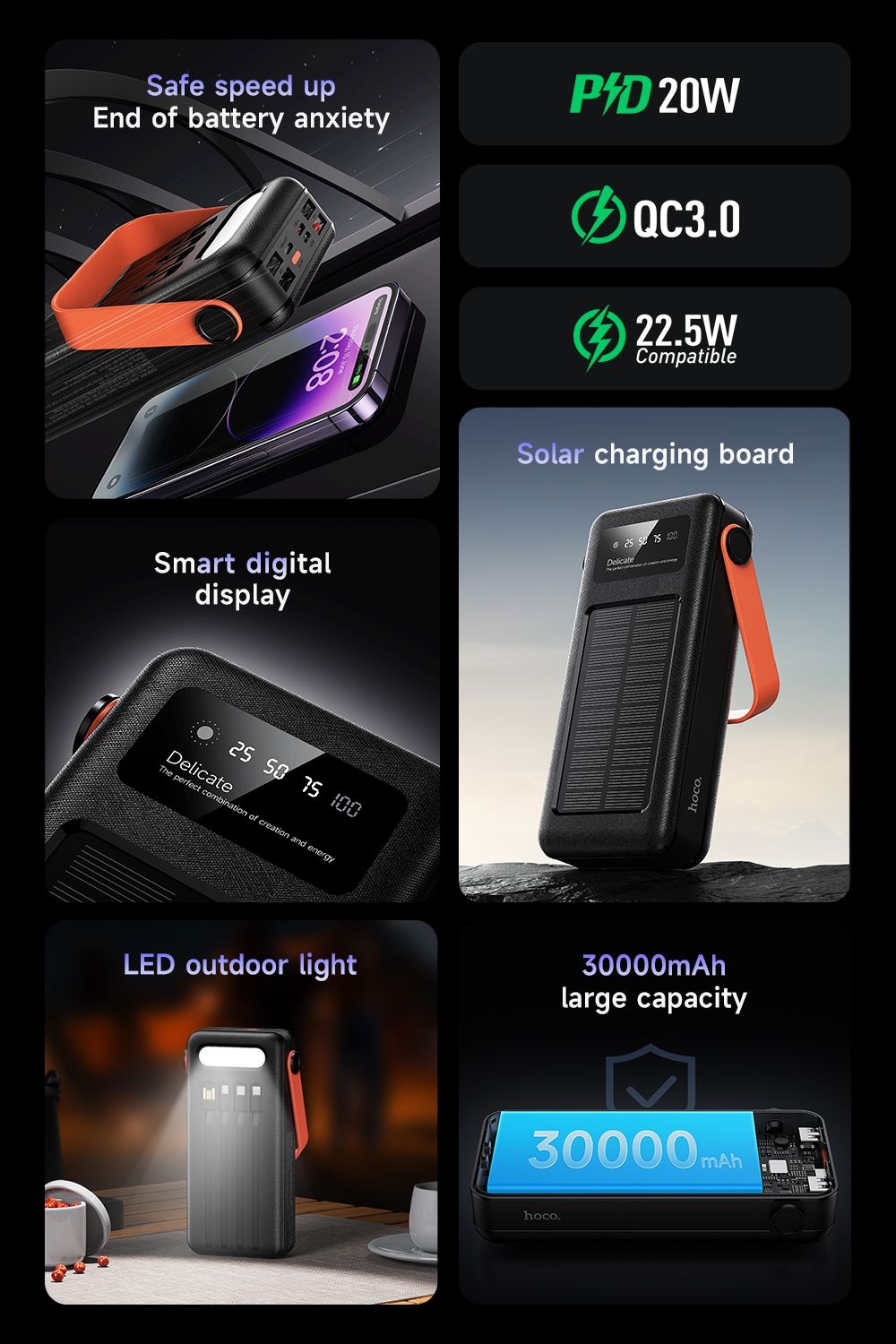 hoco DB33 Plus 30000mAh Rising 22.5W PD20W Sun Solar Power Bank - Black