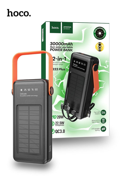 hoco DB33 Plus 30000mAh Rising 22.5W PD20W Sun Solar Power Bank - Black