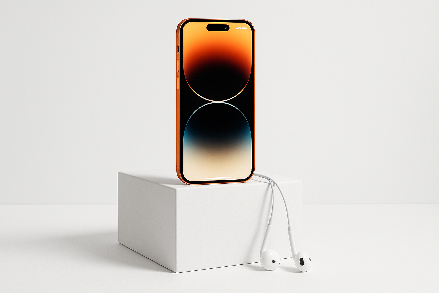 not necessarily a black phone and turn the phone on with like an iphone wallpaper. and dynamic island and stuff... maybe make it an orange or silver color phone. the wallpaper can be anything aslong as its similar to IOS